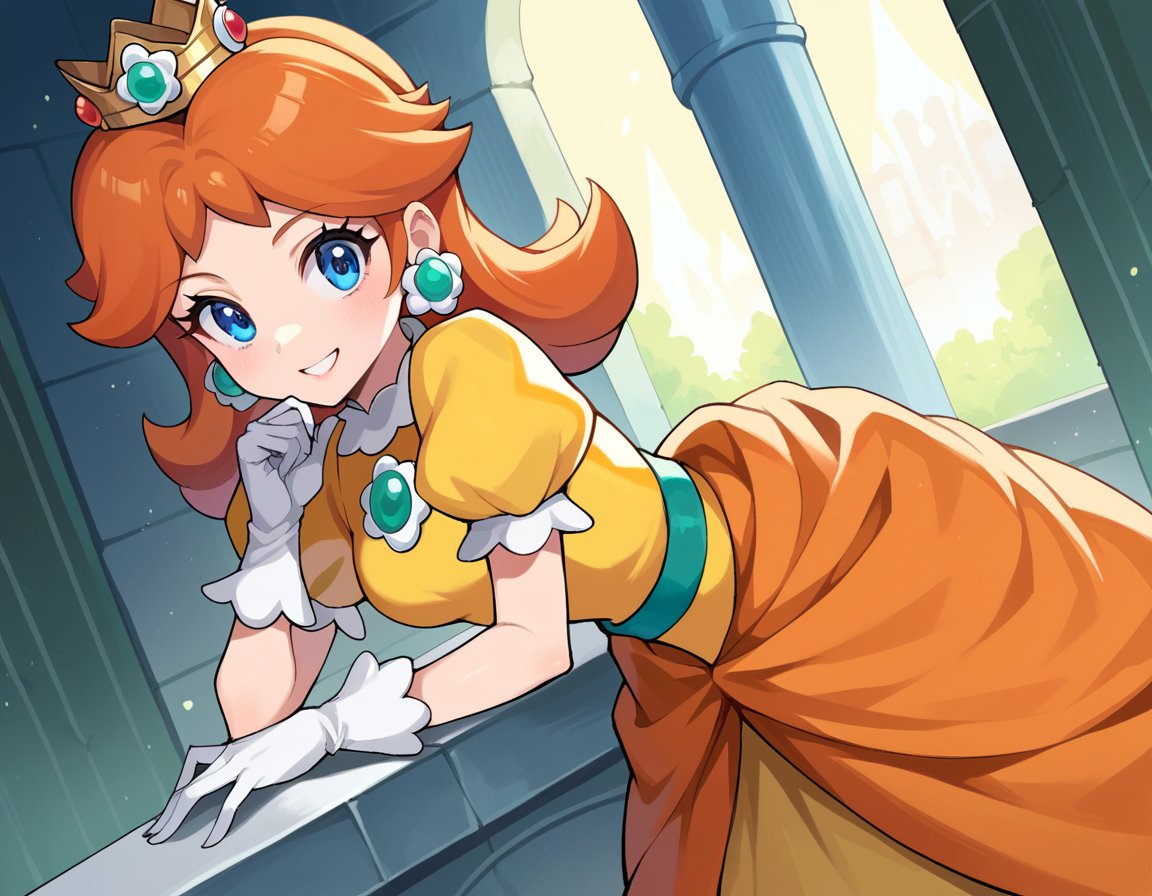 score_9, score_8_up, score_7_up, source_anime,princessdaisy, <lora:princess-daisy-ponyxl-lora-nochekaiser:1>,princess daisy, blue eyes, long hair, orange hair,crown, daisy, dress, flower, gem, gloves, orange dress, puffy short sleeves, puffy sleeves, short sleeves, white gloves,indoors, castle, bent over, smile,looking at viewer, cowboy shot, dutch angle,