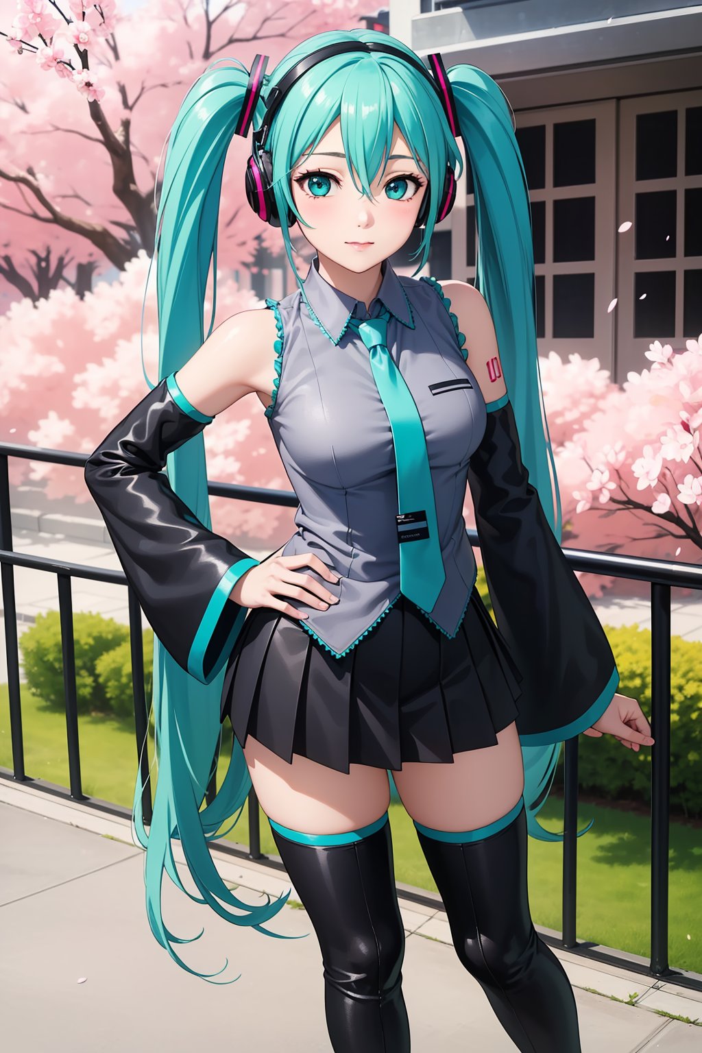 (best quality:1.4),(masterpiece:1.4),(photorealistic:1.4),(ultra high res, raw photo:1.4),(hdr, hyperdetailed:1.2),hatsune miku,pointing up,large pectorals,spread fingers,highres,light and shadow  snowing,hand on another's face,cherry blossoms,hand on hip,pectoral lift,blush visible through hair,princess,aqua eyes,aqua hair,crossed bangs,hair between eyes,hair ornament,headphones,long hair,twintails,aqua necktie,black footwear,black skirt,black sleeves,boots,collared shirt,detached sleeves,grey shirt,necktie,pleated skirt,shirt,skirt,sleeveless,sleeveless shirt,thigh boots,tie clip,