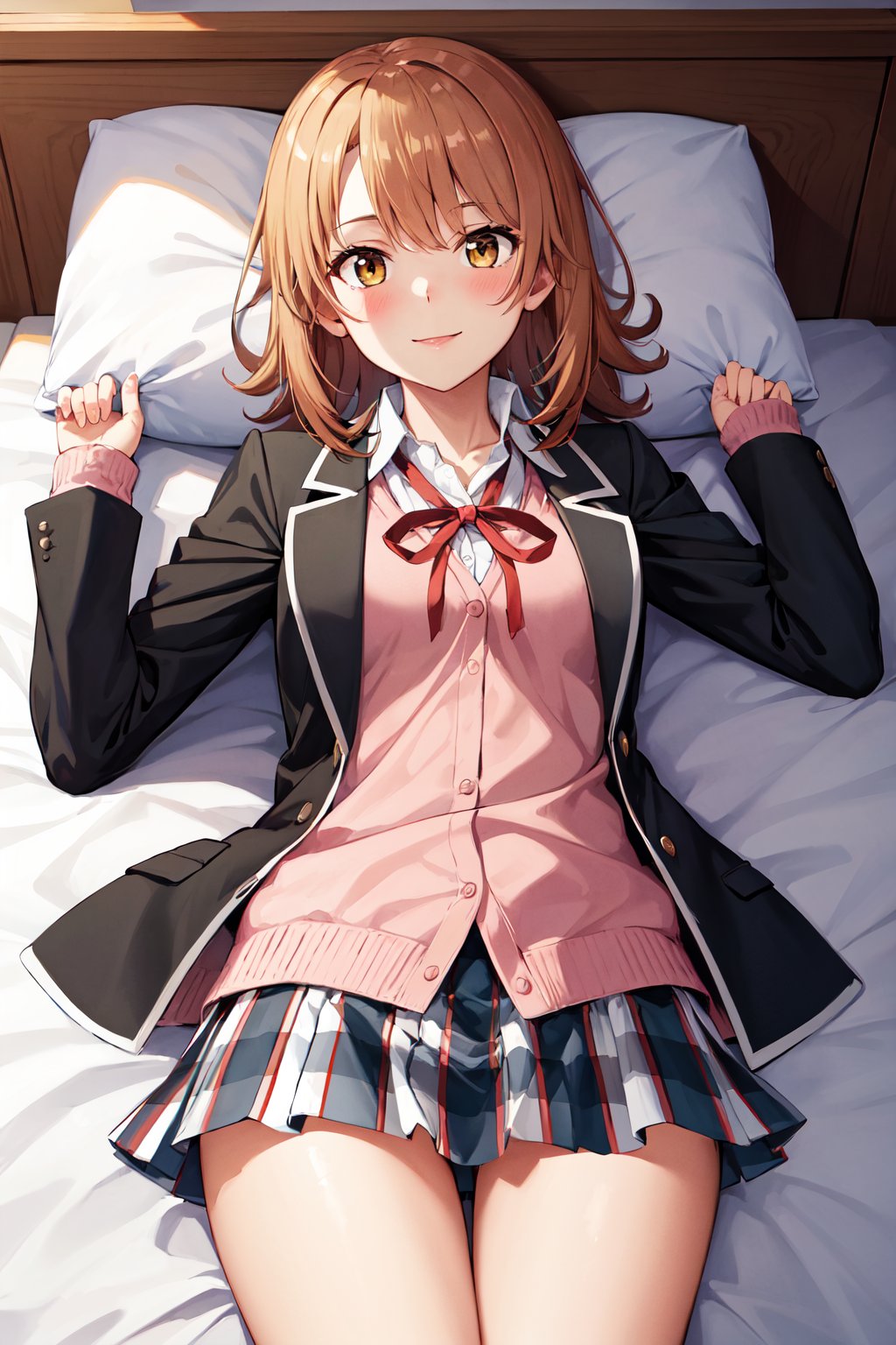 masterpiece, best quality, highres, aairoha, medium hair, school uniform, neck ribbon, collared shirt, blazer, black jacket, open jacket, long sleeves, plaid skirt, <lora:isshiki_iroha_v1:0.7>, lying, smile, bed, pillow, on back, room, cowboy shot, 