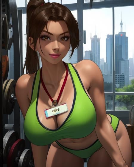 shouko,brown eyes,brown hair,ponytail,green tank top,green underwear,id card,bikini tan,smile,standing,upper body, sagging breasts,  leaning forward, gym,indoors,window,cityscape,(insanely detailed, beautiful detailed face, masterpiece, best quality),solo,<lora:sugimotoshouko:0.8>,
