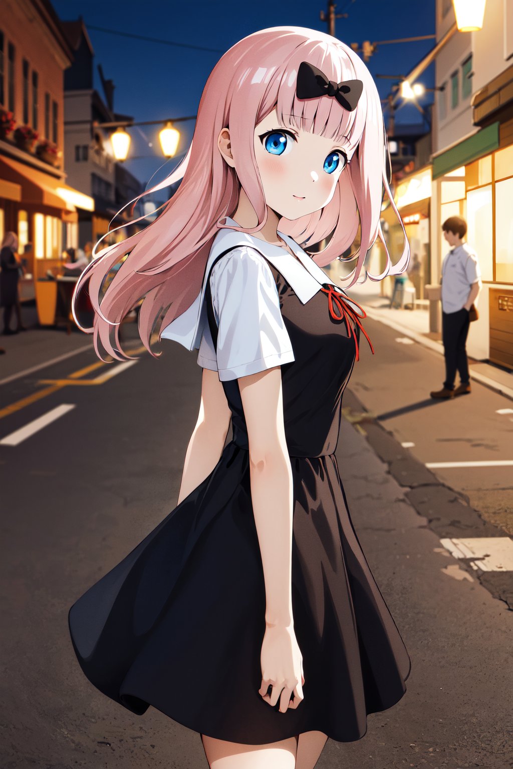 masterpiece, best quality, highres, aachika, long hair, hair bow, collarbone, summer uniform, neck ribbon, white shirt, pinafore dress, (black dress:1.2), short sleeves, black skirt, <lora:fujiwara_chika_v2:0.7>, from side, street, standing, cowboy shot, night,