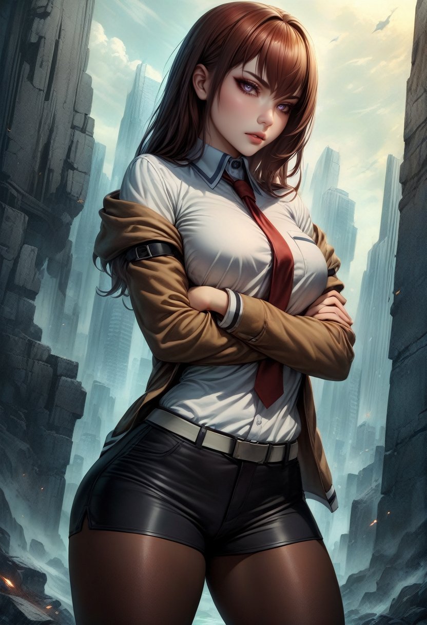 masterpiece, best quality, rating: general, (art by neoartcore:0.4), solo, 1girl, makise kurisu, expressionless, crossed arms, jacket, off shoulder, collared shirt, red necktie, black shorts, pantyhose, legwear under shorts <lora:steinsgate_makise_xl-000004:1>