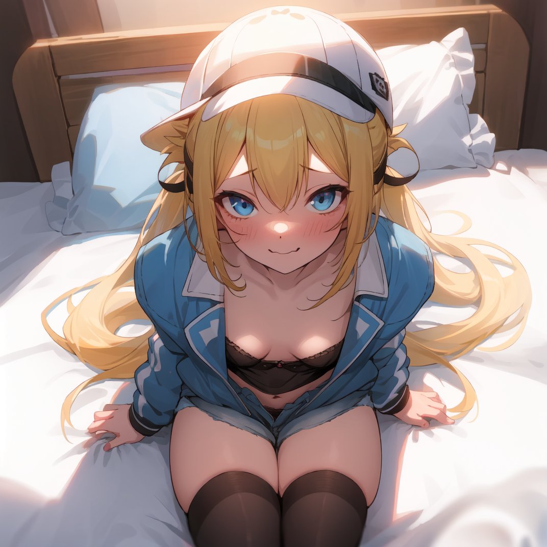 1girl,:3,arms_up,baseball_cap,black_thighhighs,blonde_hair,blue_eyes,blue_jacket,blue_shirt,breasts,brown_shorts,fang,fang_out,from_above,hat,jacket,long_hair,looking_at_viewer,lying,midriff,multicolored_clothes,multicolored_jacket,navel,on_back,on_bed,panties,pantyshot,shirt,short_shorts,shorts,solo,striped_clothes,striped_panties,thighhighs,twintails,two-tone_jacket,underwear,white_jacket,(masterpiece,high quality,perfect eyes:1.2),