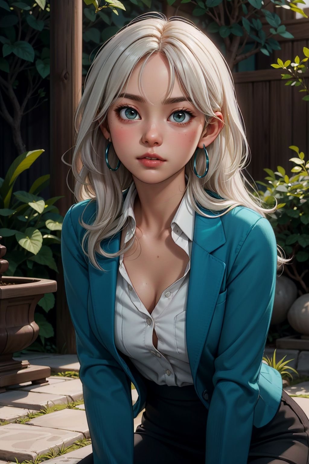 masterpiece, best quality, highres, 1girl, summer, Pencil skirt with a tucked-in blouse and blazer, Maven, Tall, Thin, Square Face, Dark Skin, White Hair, coral Eyes, Short Nose, Pouty Lips, Round Chin, Long Hair, Straight Hair, Fringed Bangs, soft breasts, Cuff earrings, teal stain lipstick, a tranquil Japanese Zen garden