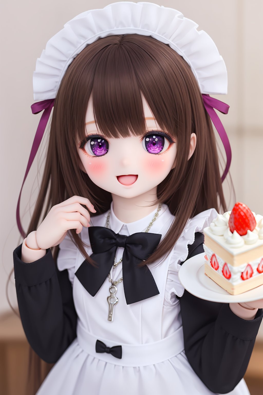 1girl, food, solo, open mouth, cake, long hair, brown hair, smile, looking at viewer, maid, holding, apron, fruit, necklace, purple eyes, dress, jewelry, bow, maid headdress, blush, blurry, child, bowtie, blurry background, black dress, long sleeves, :d, maid apron, upper body, strawberry, doll, BJD, dtghdg254793, stfhgd796we2, adsderl931sq, cute