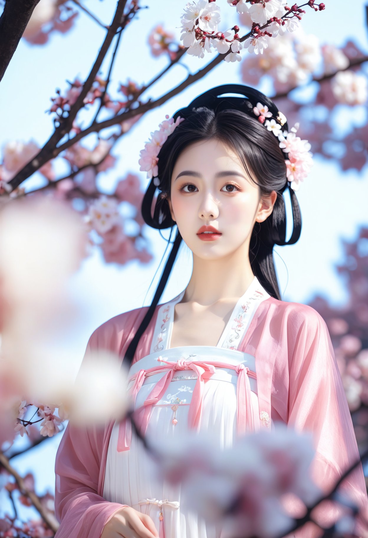 photograph Photograph, young woman in traditional Chinese attire, Tang dynasty, intricate floral hairpiece, flowing white hanfu, delicate pink cherry blossoms in the background, serene expression, soft natural lighting, ethereal and elegant atmosphere., 50mm . cinematic 4k epic detailed 4k epic detailed photograph shot on kodak detailed cinematic hbo dark moody, 35mm photo, grainy, vignette, vintage, Kodachrome, Lomography, stained, highly detailed, found footage