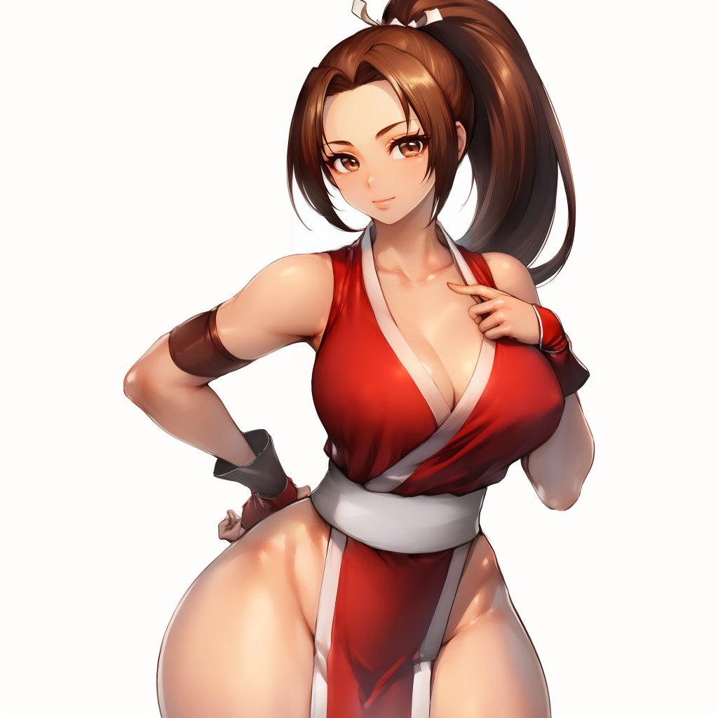 (masterpiece, best quality:1.3), Fumio, 1girl, solo, looking at viewer, wide hips, mature female, closed mouth, simple background, seductive smile, large breasts, cowboy shot, thick thighs,  <lora:Fumio Style Lora:1>, shiranui mai, brown eyes, long hair, brown hair, white ribbon, sleeveless, ponytail, sash, pelvic curtain, arm guards, gloves, tabi  <lora:shiranui maiV1:.7>