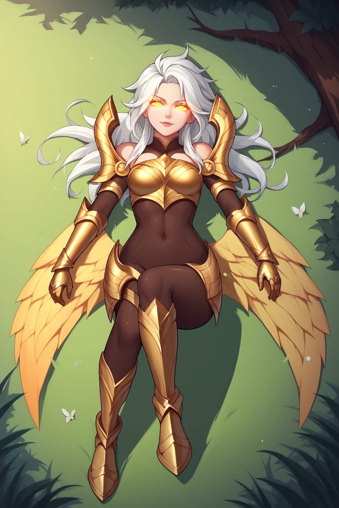score_9, score_8_up, score_7_up, score_6_up, score_5_up, score_4_up, BREAK, KayleLoLXL, glowing eyes, yellow eyes, white hair, long hair, bangs, medium breasts, yellow wings, gold armor, gold shoulder armor, arm armor, gold gloves, gold breastplate, brown bodysuit, gold leg armor, gold armored boots, solo, full body, lying on grass, seductive smile, looking at viewer, forest, tree <lora:KayleLoLXL:0.9>