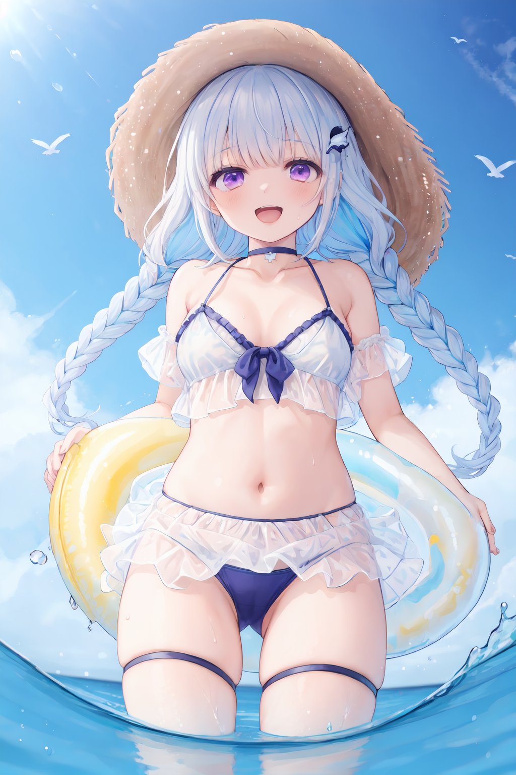 1girl, virtual youtuber, twin braids, multicolored hair, innertube, white hair, bikini, open mouth, blue hair, outdoors, lize helesta, long hair, see-through, smile, looking at viewer, bangs, wading, day, solo, water, hair ornament, straw hat, shirt, sky, purple eyes, two-tone hair, bird, blue bikini, cloud, blue sky, breasts, ass visible through thighs, :d, navel, wet, blush, thigh strap, blue choker, collarbone, cameltoe, ocean, bare shoulders, choker, yunmi style, sf5etf98, s6f8ey8vsdj, dr6g8cvwo, s5fr8gt, a35veo8vsdo, c6gw9oyh, c6s9eo5j