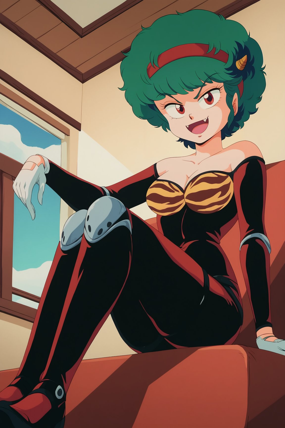 score_9, score_8_up, score_7_up, score_6_up, BREAK, TenMotherUYXL, retro artstyle, red eyes, green hair, short hair, afro, bangs, fang, red headband, yellow horns, medium breasts, bare shoulders, tiger print, black bodysuit, long slevees, white gloves, grey knee brace, black footwear, solo, full body, sitting, bellow view, seductive smile, looking at viewer, indoors <lora:TenMotherUYXL:1>