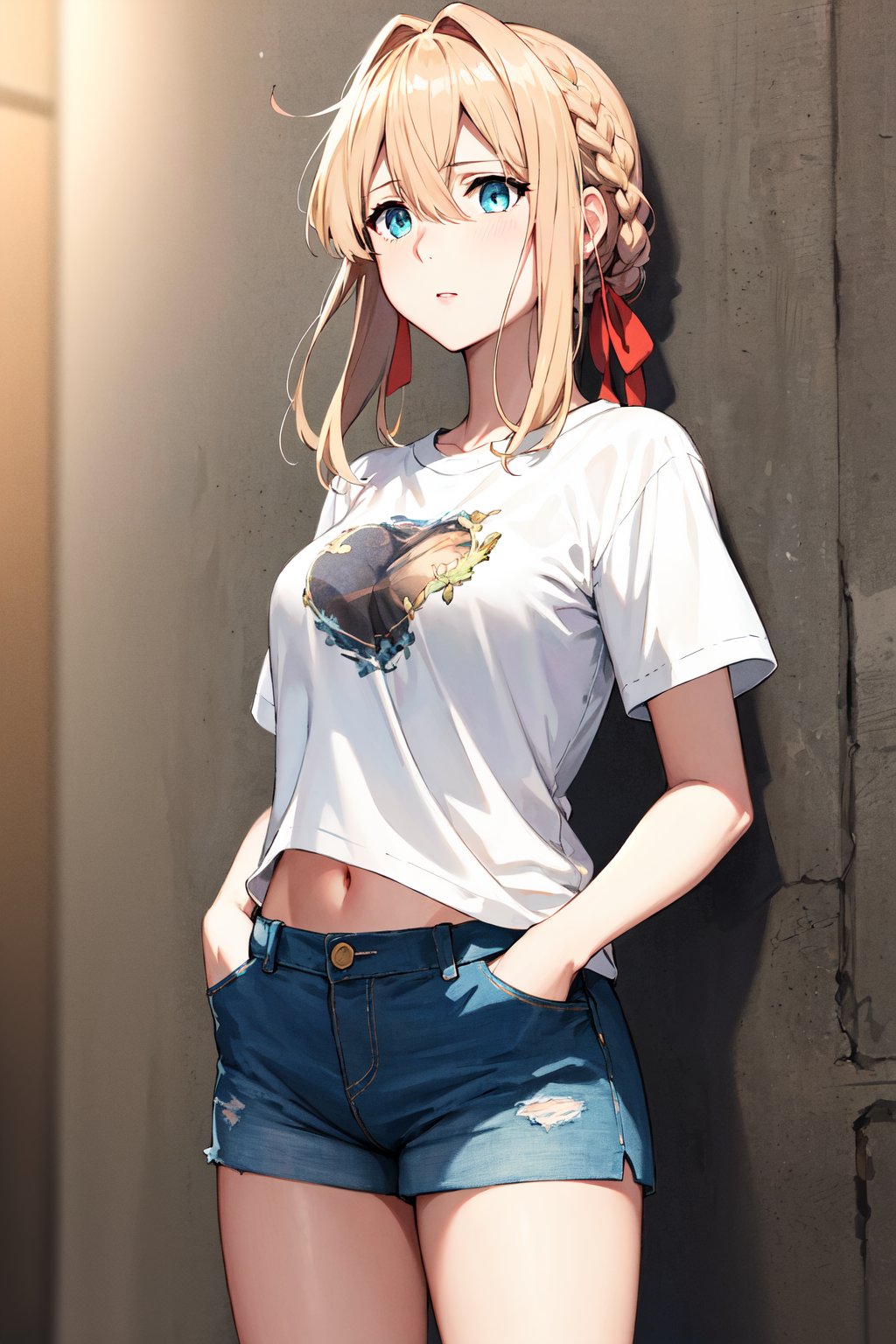 masterpiece, best quality, highres, violet evergarden, braid, hair ribbon, red ribbon, <lora:violet_evergarden_v1:0.7>,  t-shirt, white shirt, print shirt, denim shorts, street, hands in pockets, 