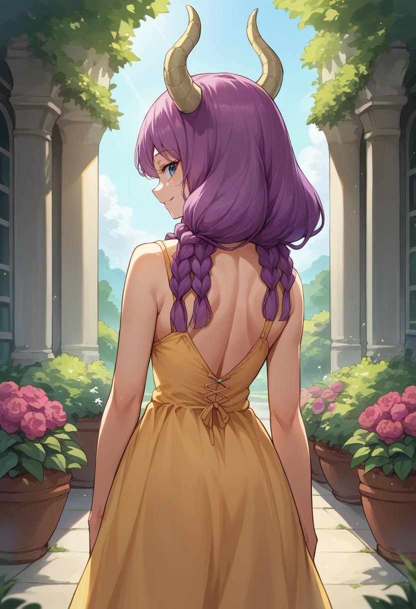 score_9, score_8_up, source_anime, 1girl, solo, AuraFrieren, purple hair, blue eyes, horns, long hair, twin braids, from behind, yellow sundress. garden, day, sunshine, smile, looking back, <lora:ChamAuraPonyXL:1>