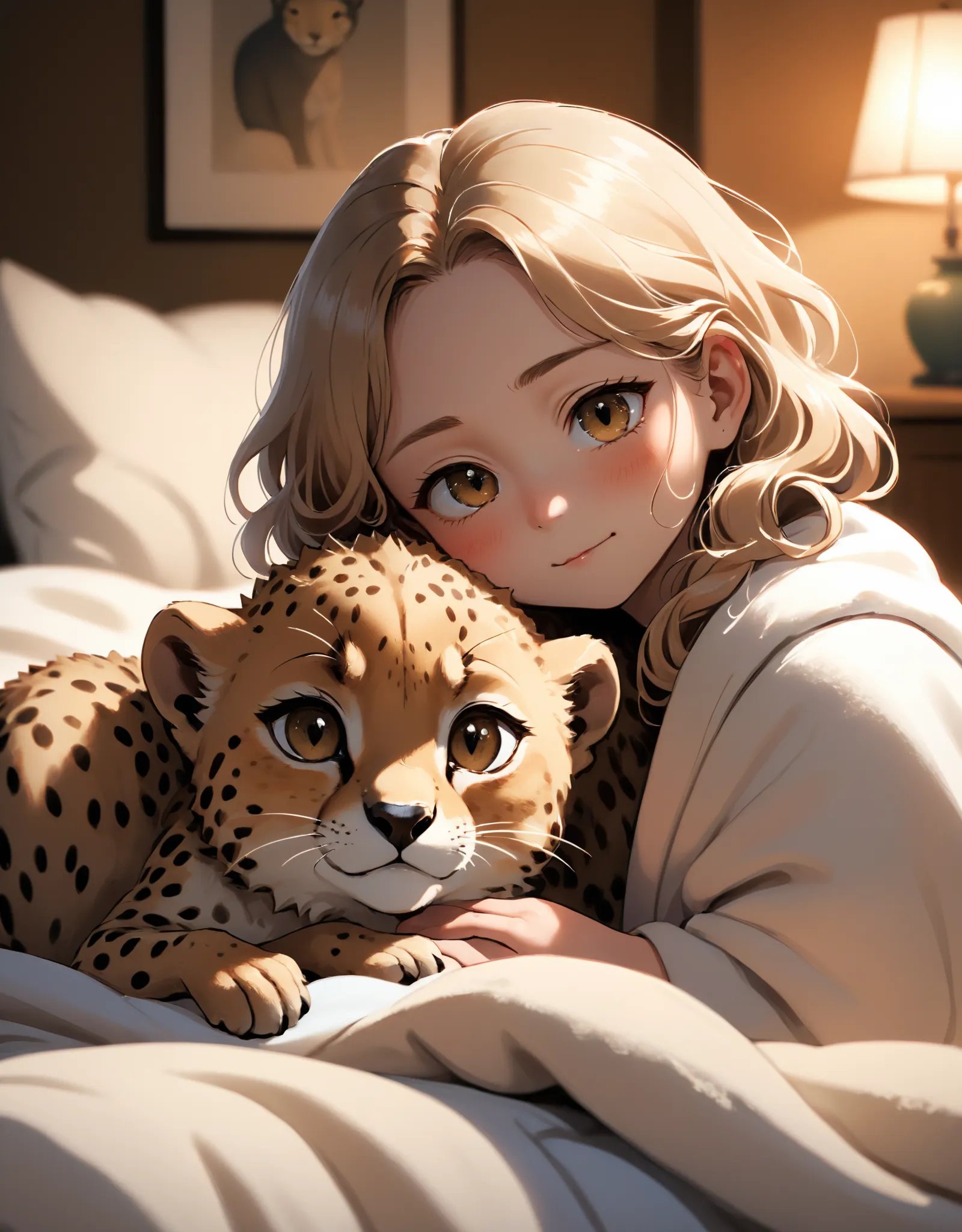 Photo of a cozy, dimly lit bedroom with a sleepy baby cheetah curled up on a fluffy blanket, gazing at the camera with its big, trusting eyes, while a caring individual gently pets its back, creating a heartwarming and comforting scene