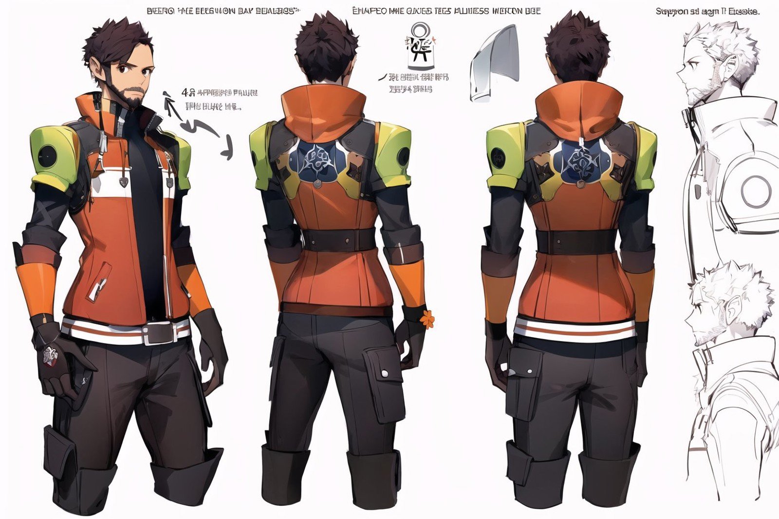 (masterpiece, best quality:1.2), <lora:style_panamaman-20:1>, (thick outlines:1.2), multiple views, reference sheet, solo, male focus, 1boy, facial hair, goatee, expressionless, sidelocks, orange eyes, jacket, high collar, cargo pants, gauntlets, belt, jewelry, piercings