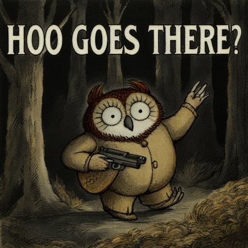 An owl with a handgun and the words "HOO GOES THERE?" in bold font, the owl is walking through a forest at night time