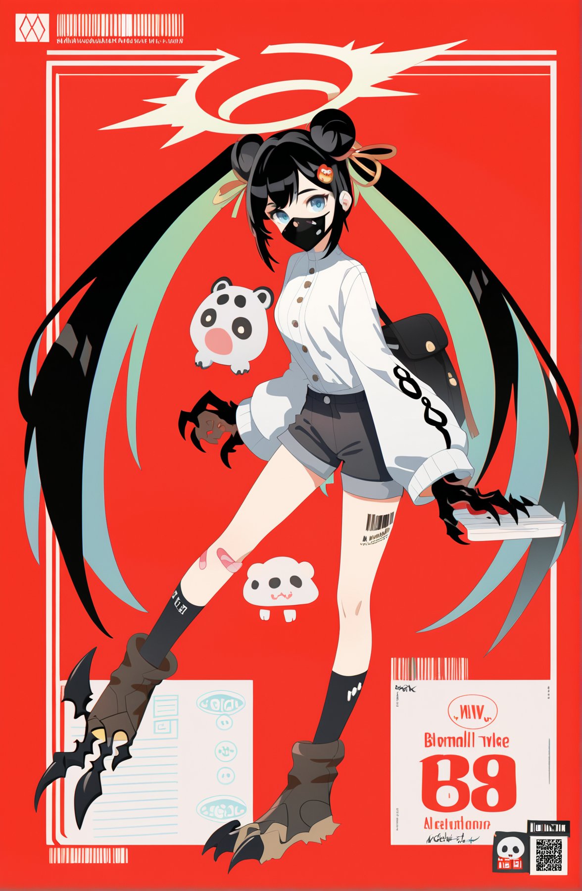 score_9, score_8_up, score_7_up, score_6_up, <lora:jijia-pony-Tanger-000006:0.8>, jijia, 2d, anime, 1girl, black hair, bandaid, halo, red background, long hair, solo, bandaid on leg, hair bun, mask, bag, double bun, barcode, mouth mask, socks, looking at viewer, full body, twintails, claws, multicolored hair, hair ornament, blue eyes, bangs, wings, very long hair, shorts, an anime character with a panda on her arm, this is a drawing of a anime girl with different outfits, 