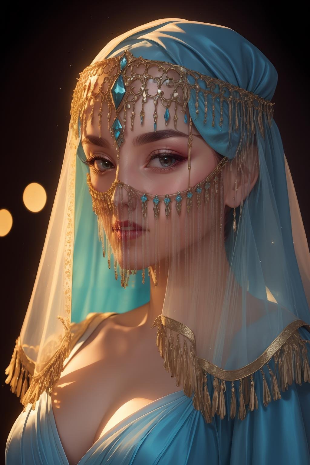 cinematic film still faceveilmask, (organza long mouth veil), [luminescent iridescent azure forehead jewel, headband], 1girl, solo, adult mature woman, age 30, high quality, best quality, highres, high detail, blurry foreground,atmospheric lighting, (satin wedding gown), <lora:chainveil:0.75>, textured skin,  . shallow depth of field, vignette, highly detailed, high budget, bokeh, cinemascope, moody, epic, gorgeous, film grain, grainy