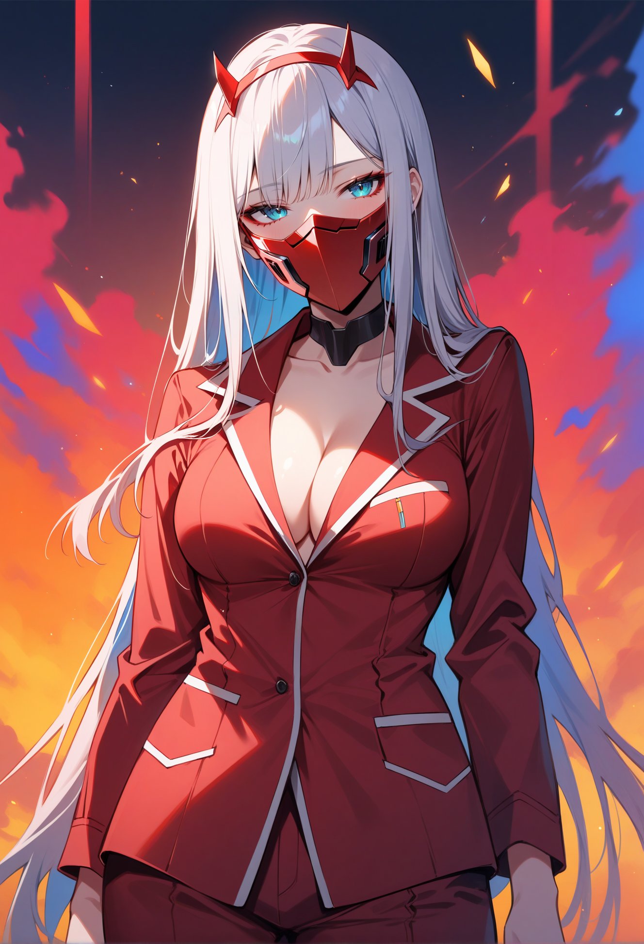 zero two \(darling in the franxx\), darling in the franxx,(masterpiece,best quality,high quality:1.1,late),absurdres,highres,ultra-detailed,HDR,glowing lighting,1girl,solo,(half-closed eyes:1.2),mature female,medium breasts,standing,((red pajamas)),cleavage,cyberpunk mask,mouth mask,((simple background,colorful background)),artist:criin,artist:yolanda,artist:ponnyu12,