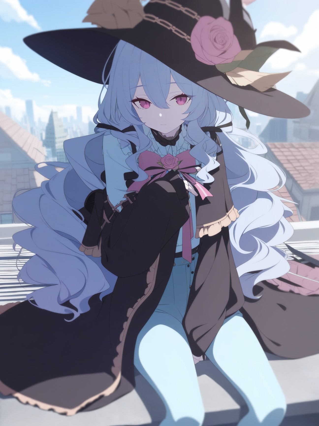 1girl,    solo, 1girl, rosemi lovelock, nijisanji, rooftop, blendinghighres, colored skin, unworn mask, wizard, mask, holding mask, leaning back, barefoot, holding, arm support, sitting, black robe, hat, witch hat, looking at viewer, blue skin, disarming, robe, extra arms, best quality, masterpiece, absurdres, safe