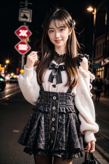 best quality, masterpiece, 1girl, solo, black hair, long hair, straight hair, looking at viewer, smile, standing, cowboy shot, dating attire, sweater, white sweater, bow sweater, shoulder cutout, skirt, buttons skirt, suspender skirt, pantyhose, in street, building, night , light, people, detailed background, <lora:dating_attire_style8_v1:0.7>, <lora:Background Detail Enhanced_Si_v3.0:1.5>