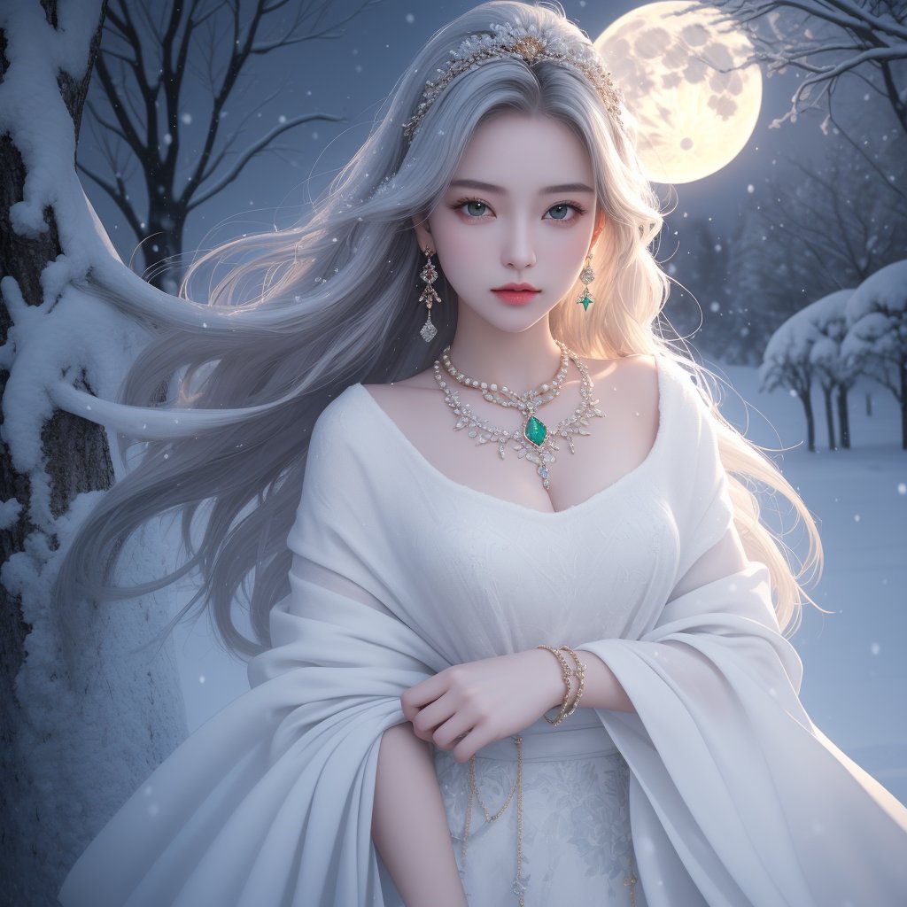 (,1girl, ,best quality, ),looking at viewer,  ultra realistic 8k cg, picture-perfect face,   clean, masterpiece,     cinematic lighting, cinematic bloom, fantasy,  , unreal, science fiction, ((,1girl, pov,))(((,tree, 1girl, full moon,snowing,snow ,solo,     solo focus,  long_hair, looking_at_viewer,  )))  (rich:1.4,)     prestige, luxury, jewelry, diamond, gold, pearl, gem, sapphire, ruby, emerald, intricate detail, delicate pattern, charming, alluring, seductive, erotic, enchanting, hair ornament, necklace, earrings, bracelet, ,