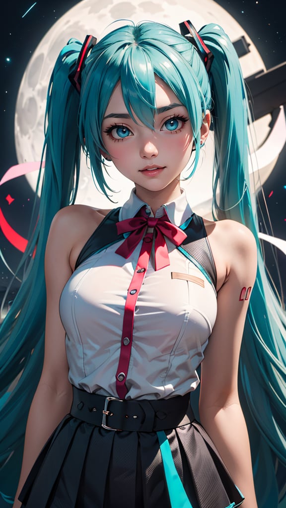 (best quality, masterpiece, colorful, highest detailed) upper body photo, fashion photography of cute (Hatsune Miku), very long turquoise pigtails and a school uniform-like outfit. She has teal eyes and very long pigtails held with black and red square-shaped ribbons that have become a signature of her design, (ultra-detailed body), (light smile:0.3), moonlight passing through hair, (silver lake background:1.3), (intricate details), (dynamic angle)