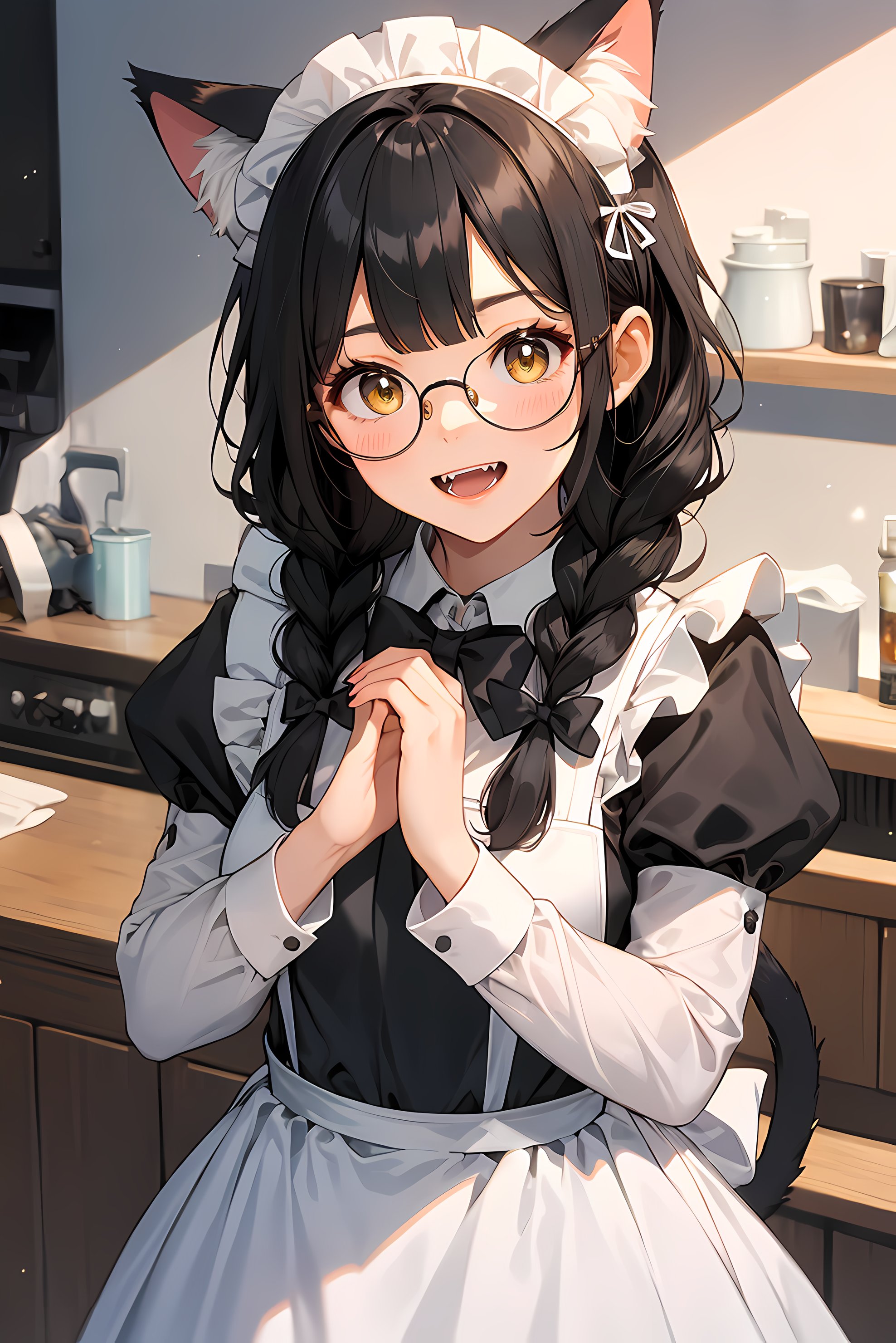 1girl,hands up,yellow eyes,animal nose,symbol-only commentary,frilled apron,round eyewear,skin fangs,bow,furry female,glasses,long hair,dress,shiny,black hair,head tilt,body fur,1girl,cat girl,black bow,apron,indoors,looking at viewer,maid apron,juliet sleeves,own hands together,happy,upper body,black dress,bangs,grey fur,hair tie,puffy sleeves,day,fangs,open mouth,long sleeves,pawpads,maid headdress,claws,blush,animal ears (artist),animal hands,sidelocks,black bowtie,collared shirt,furry,grey background,bowtie,blunt bangs,animal ear fluff,commentary,twin braids,absurdres,original,cat ears,frills,straight-on,light particles,solo,smile,black-framed eyewear,highres,maid,shirt,shiny hair,white apron,braid,animal ears,