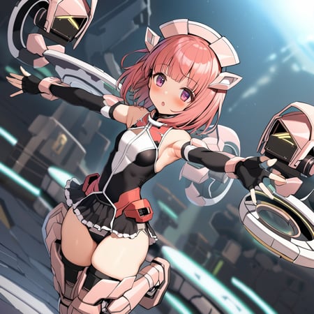 1girl, aikawa aika, ace suit, another gear, alice gear, solo, elbow gloves, small breasts, pink hair, bare shoulders, purple eyes, short hair, headgear, black gloves, thighhighs, mecha musume, open mouth, eyebrows visible through hair, blush, outstretched arms, from side, standing, fingerless gloves, black dress, armored boots, ass, standing on one leg, pink eyes, black leotard, outstretched arm, armpits, blunt bangs, sleeveless dress, :o, armor, skindentation, black skirt, short dress, dutch angle, mechanical wings, thigh boots, black legwear, parted lips, masterpiece, best quality <lora:aikawa_aika_sdxl_locon_v1:0.7>