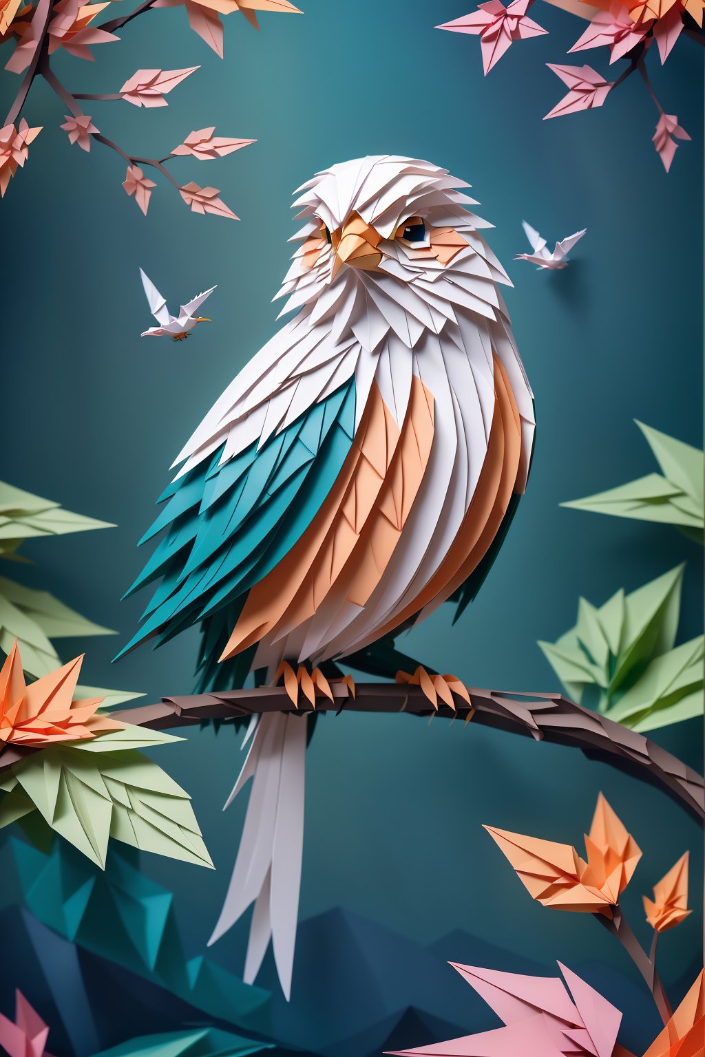 ((best quality)), absurdres, ((ultra high res)), origami, a colorful bird is sitting on a branch, extremely detailed, realistic, 8k, masterpiece, <lora:origami:0.8> 