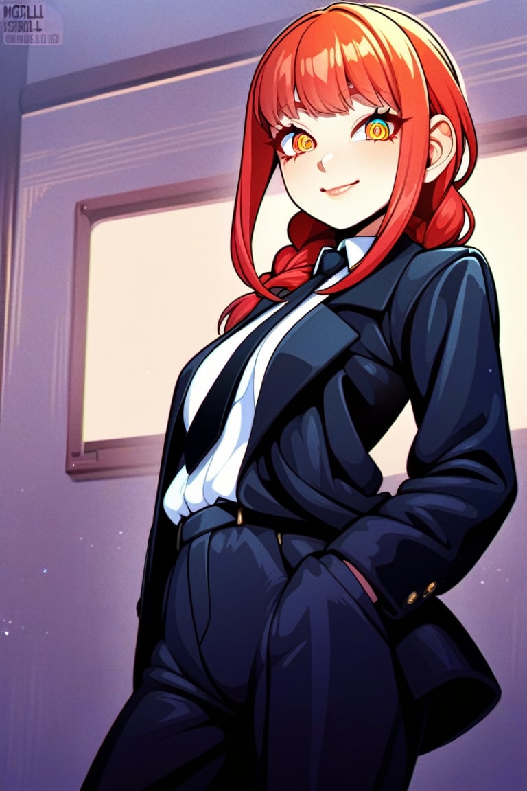 (art by neocoill:0.7), solo, 1girl, makima, slight smile, looking at viewer, hands in pockets, red hair, braided ponytail, ringed eyes, formal, black jacket, white shirt, black necktie, black pants <lora:MakimaXLV7-000003:1>