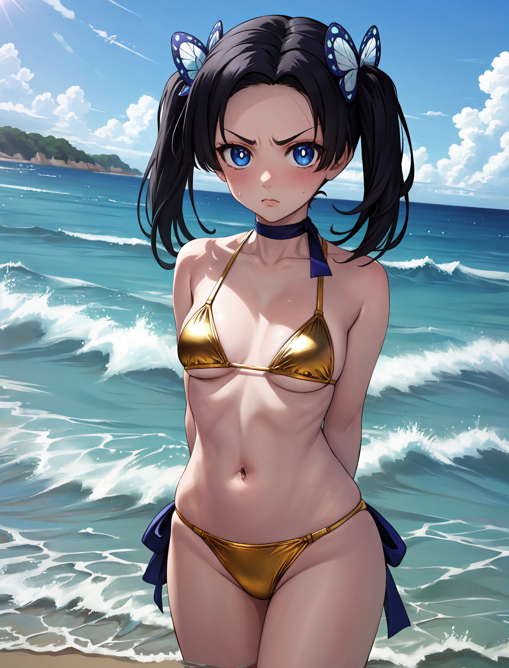 masterpiece, best quality, very aesthetic, ultra detailed, intricate details, 4k, anime style,goldbikiniai, 1girl, solo, breasts, blush, short hair, bangs, blue eyes, black hair, hair ornament, twintails, v-shaped eyebrows, parted bangs, frown, bright pupils, white pupils, butterfly hair ornament,(neck:1.2), bare arms, navel, cleavage, bare shoulders, (collarbone:1.2), swimsuit, bikini, sweat, stomach, micro bikini, yellow bikini, gold bikini,cowboy shot, looking at viewer, outdoors, arms behind back, ocean, water, waves, beach, horizon, <lora:Gold_Bikini:1>, <lora:LoRA_Aoi:0.9>