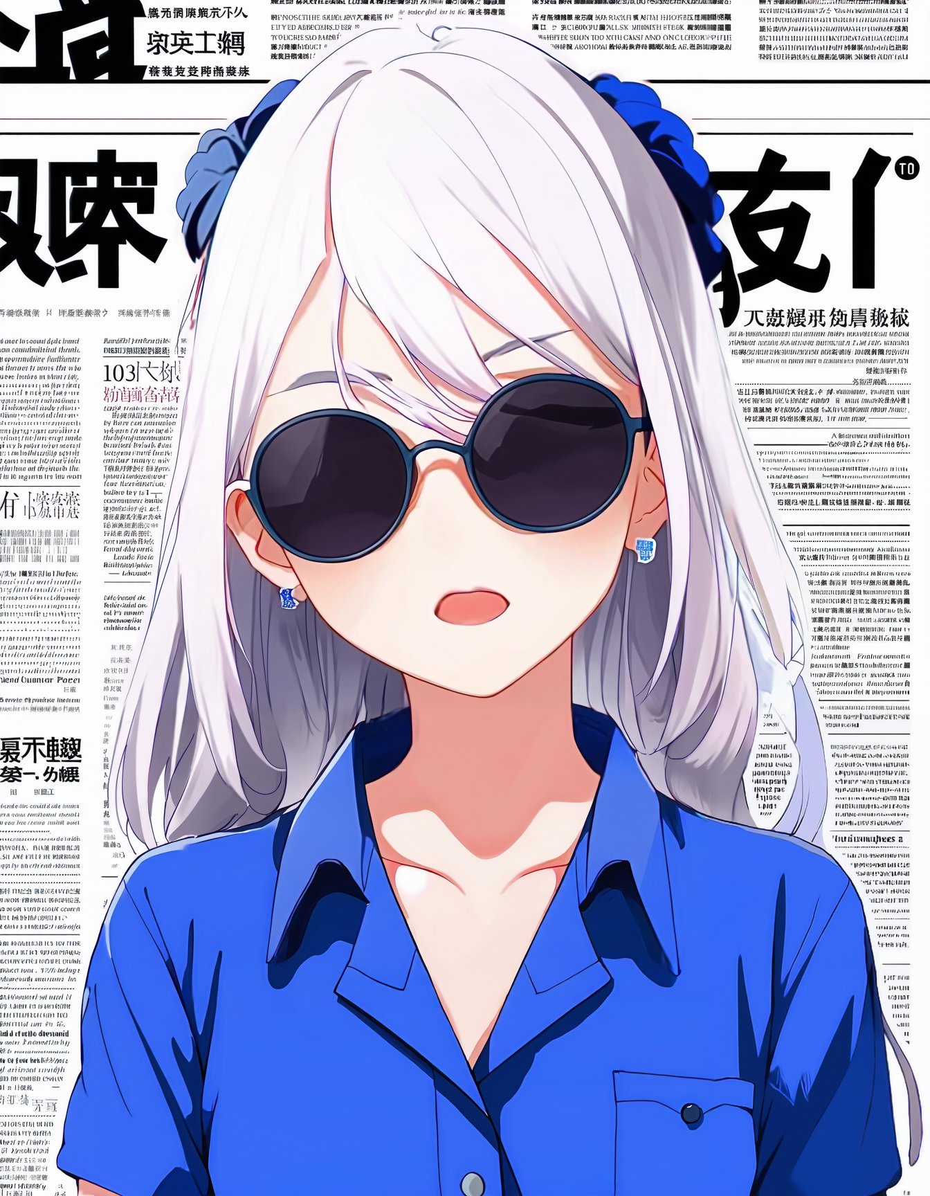 anime style, an anime girl wearing sunglasses and a blue shirt in front of a newspaper