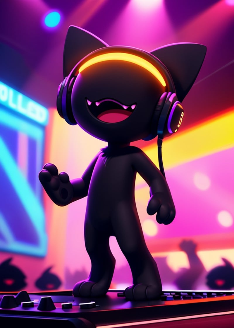 (by Hollo Nut, by Crownedvictory:1.25), (chibi), (monstercat, eyeless, headphones, noseless:1.35), feral, fluffy, black body, cute fangs, happy, open mouth, big mouth, (nude, three-quarter view, looking up, full-length portrait:1.25), BREAK, nightclub, concert, neon light, spotlight, vaporwave, disc jockey, ambient silhouette, backlighting, detailed background, depth of field, masterpiece, best quality, light, 4k, 2k, blender \(software\), ray tracing, 3d, unreal engine