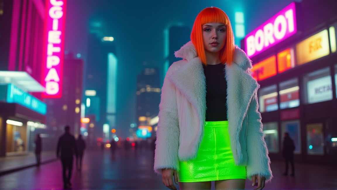 cyberpunk cityscape  <lora:BR49:1> BR49, photo of a woman wearing a neon green skirt and a white fur coat, she has orange hair and erratic makeup on . neon lights, dark alleys, skyscrapers, futuristic, vibrant colors, high contrast, highly detailed