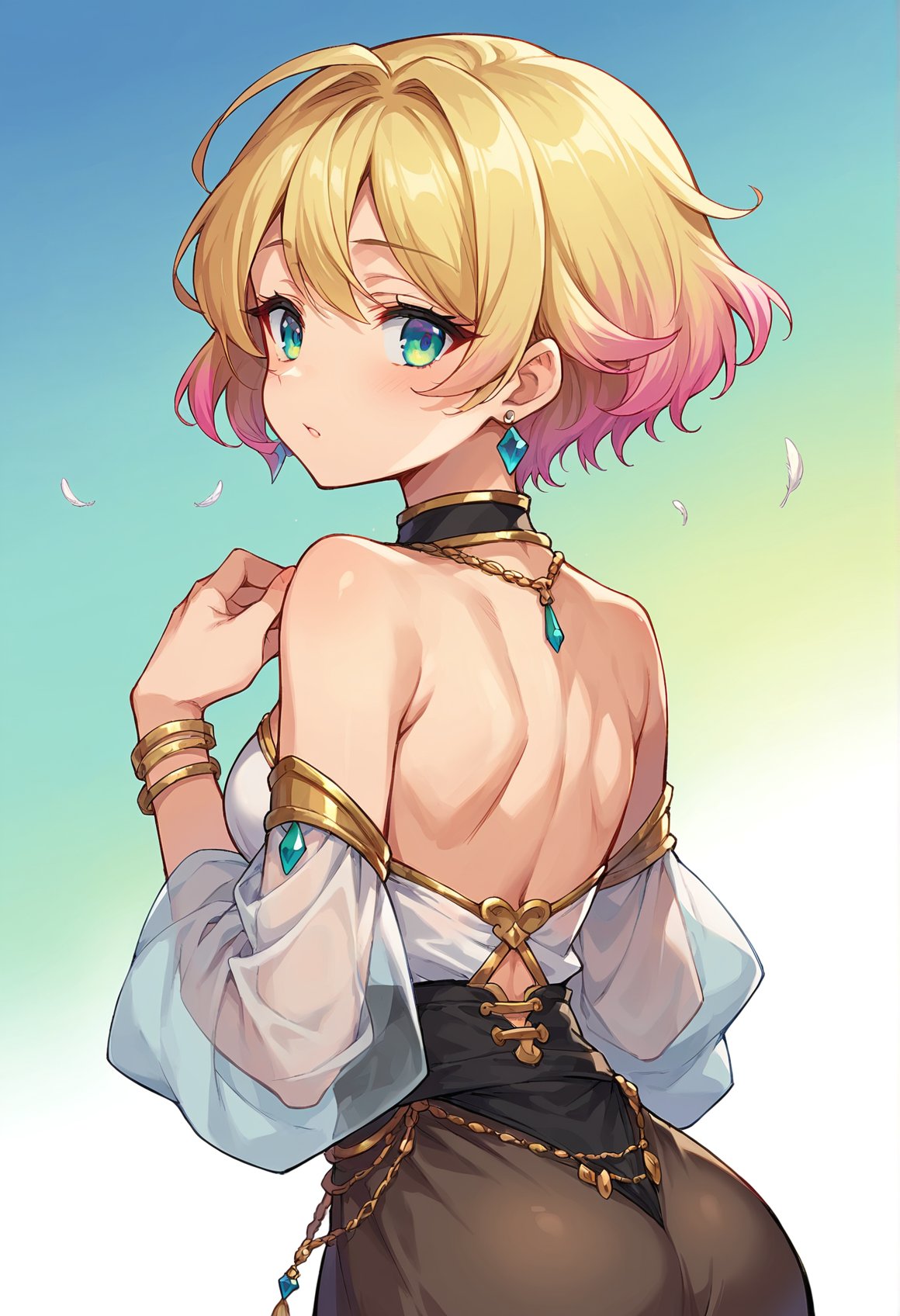 1girl, feather trim, solo, jewelry, blonde hair, earrings, multicolored hair, gradient hair, short hair, upper body, whorled clouds, score_9, score_8_up, score_7_up, score_6_up, source anime, see-through legwear, dimples of venus, from behind, looking back,