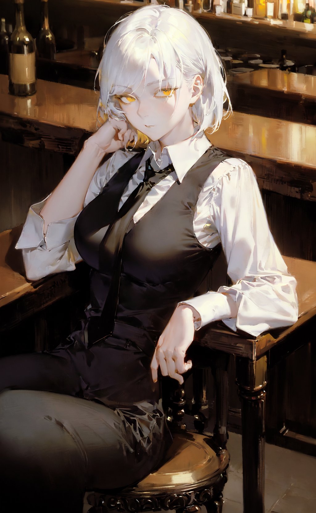 masterpiece, best quality, upper body, 1girl, white hair, yellow eyes, detailed eyes, half-closed eyes, shaded face, black necktie, medium breasts, collared shirt, black pants, sitting, elbow rest, (in a bar)