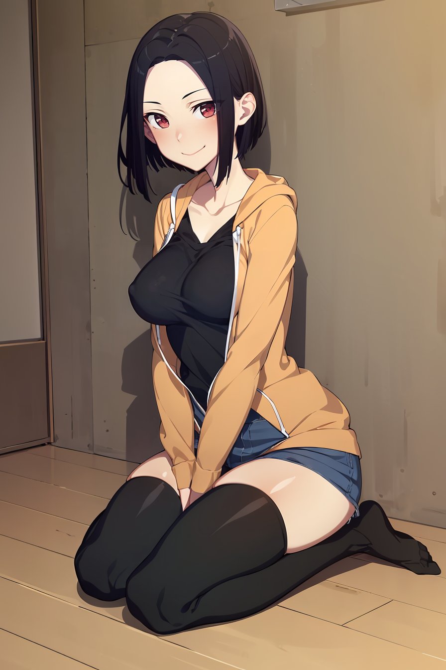 (masterpiece, best quality), 1girl, (solo), looking at viewer,smile, closed mouth,<lora:AngryExGF (Stopman)-offset:1>, Angry-Ex-GF, red eyes, breasts, forehead,orange hoodie, denim skirt, miniskirt, black thighhighs, black undershirt,seiza, sitting