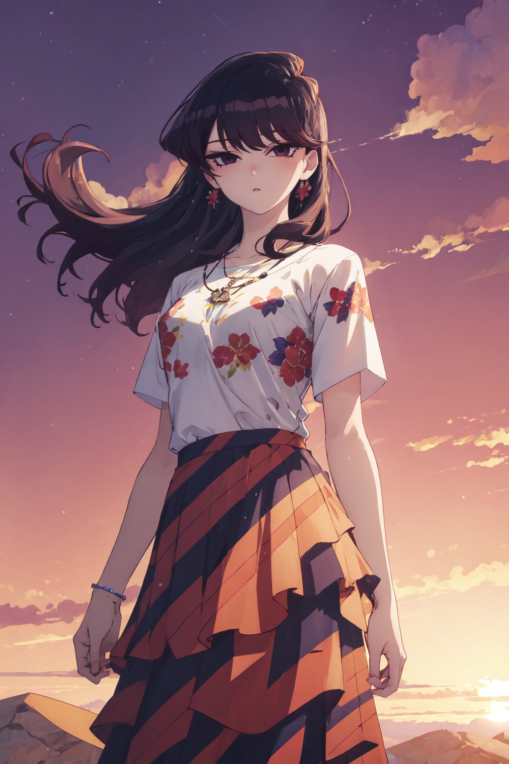 <lora:Shouko-000010:0.8>,Shouko CYQL,1girl,solo,looking at viewer,long hair,black hair,black eyes,(Bohemian_printed_top:1.4),(Flowy_maxi_skirt:1.3),(Layered_necklaces:1.2),(Desert_sunset_background:1.4),shy,cowboy_shot,Mansion, Silk embroidery, Afternoon light, Needles, Craftsmanship,(Evergreen trees, Snow-covered branches, Red berries, Frosty air, Soft snowfall, Silence:0.5),beautiful detailed sky,beautiful detailed glow,posing in front of a colorful and dynamic background,masterpiece,best quality,beautiful and aesthetic,contrapposto,female focus,wallpaper,