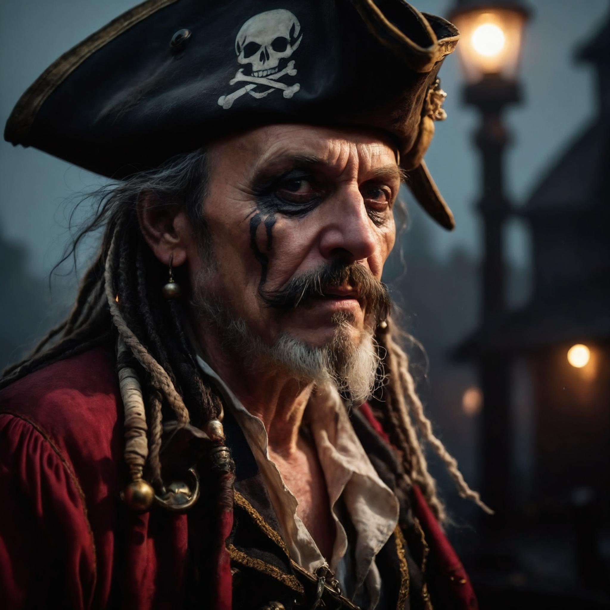 photo of old pirate, fog, dark atmosphere, night, close up, cinematic shot, hard shadows, Fujifilm XT3