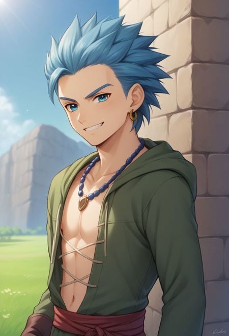 score_9, score_8_up, score_7_up, source_anime, highly detailed, 1boy, solo, male_focus, half body, half body,erik, solo, 1boy, male focus, jewelry, earrings, blue hair, necklace, gloves, fingerless gloves, blue eyes, pants, spiked hair, brown gloves, grin, smile,outdoor, 