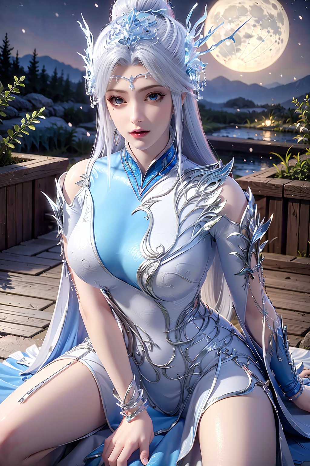 SFW,(masterpiece:1.2),best quality,absurdres,masterpiece,original,extremely detailed wallpaper,perfect lighting,(extremely detailed CG:1.2),1girl, solo, long hair, breasts, looking at viewer, blue eyes, hair ornament, dress, sitting, white hair, sky, hair bun, white dress, bare legs, night, blue dress, moon, night sky, snow, mountain