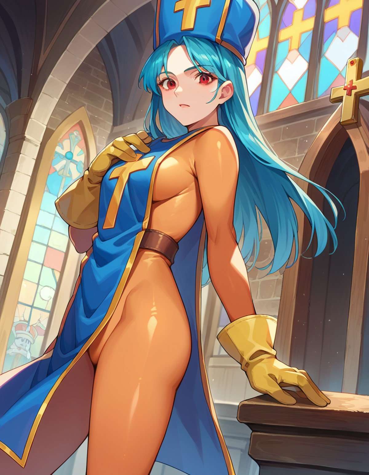 score_9, score_8_up, score_7_up, source_anime,dqpriest, <lora:dq-priest-ponyxl-lora-nochekaiser:1>,priest, aqua hair, blue hair, long hair, red eyes,bodysuit, boots, cross, gloves, hat, mitre, orange bodysuit, tabard,indoors, church,looking at viewer, dutch angle, cowboy shot,