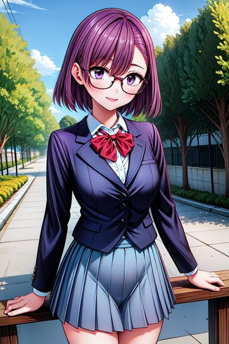 1girl, cowboy shot, outdoors, smile, glasses, nitengojigen_ririsa, purple eyes, purple hair, short hair, bangs, blazer, pleated skirt, <lora:Nitengojigen_ririsa_lora_ver1:0.7>, best quality, masterpiece, highres, <lora:GoodHands-vanilla:1>