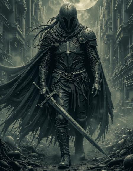 A spectral knight clad in ancient crusader armor roams a desolate battlefield, his form flickering like a ghost. His sword, once a symbol of righteousness, now drips with ethereal blood. The air around him is cold, and his eyes burn with an unfulfilled purpose <lora:The_Dark_Side_Of_The_Future:0.7>