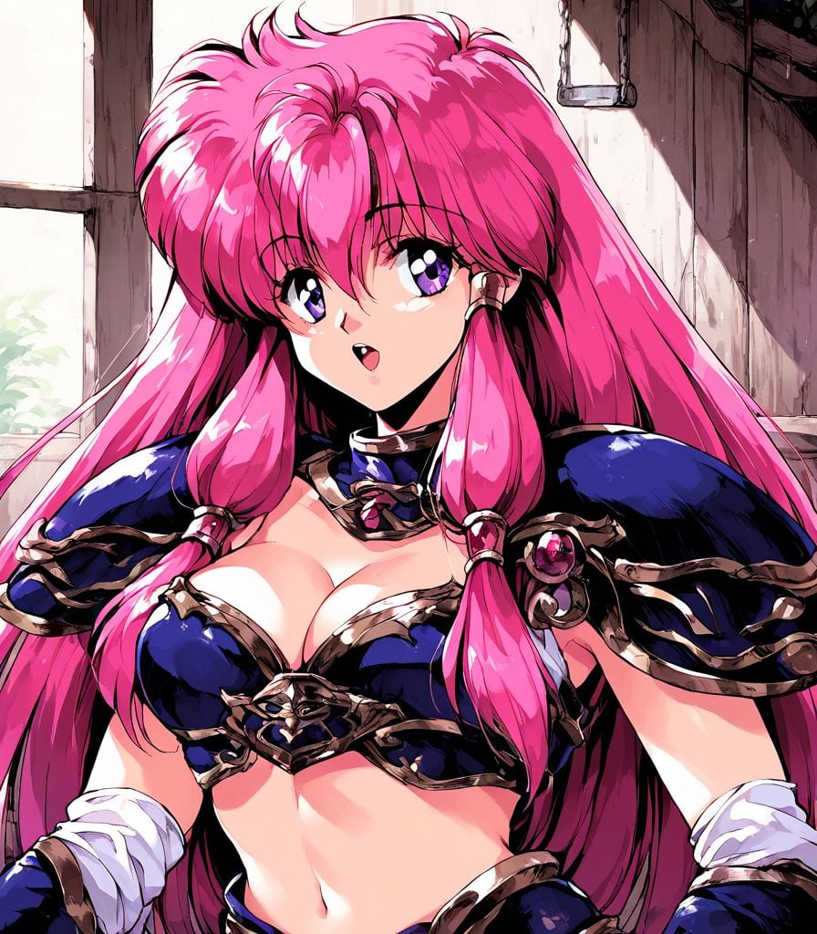 score_9, score_8_up, score_7_up, score_6_up, score_5_up, score_4_up, source_anime, rating_explicit, BREAK <lora:Shami_XL:1> Shami, 1girl, long hair, retro artstyle, shoulder armor, pink hair, armor, open mouth, 1990s (style), pauldrons, purple eyes, cleavage, breasts, solo, looking at viewer, upper body, gloves, fantasy, weapon shop, room,