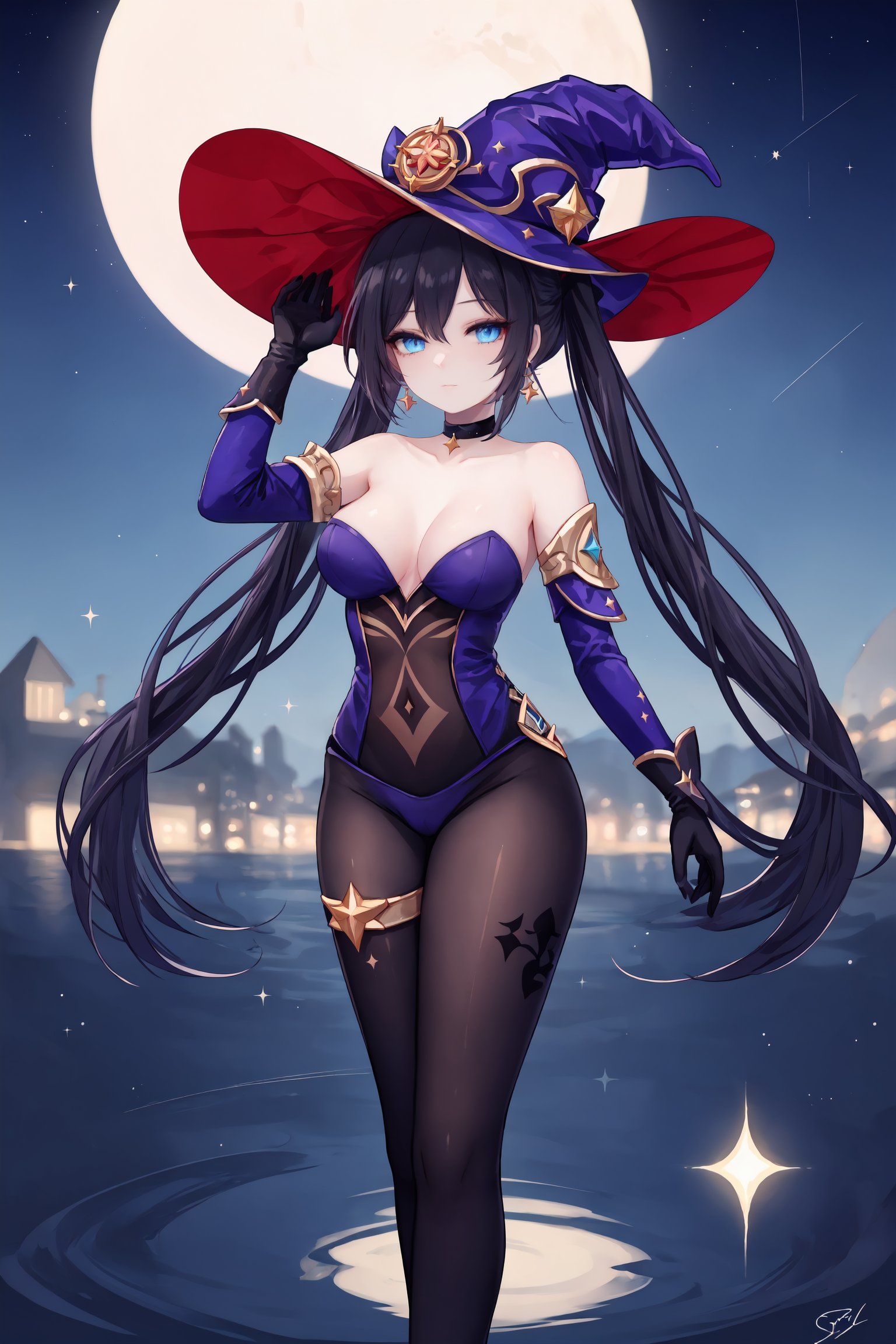 1girl,mona (genshin impact),solo,hat,witch hat,gloves,twintails,breasts,pantyhose,long hair,leotard,black hair,full body,detached sleeves,black gloves,water,looking at viewer,choker,sky,star (sky),standing,medium breasts,bare shoulders,hand on headwear,black pantyhose,starry sky,jewelry,thighlet,bangs,crescent moon,star (symbol),blue headwear,earrings,night,reflection,closed mouth,blue leotard,night sky,blue eyes,strapless,hat ornament,black choker,hair ornament,purple leotard,moon,elbow gloves,bodystocking,sparkle print,artist name,signature,