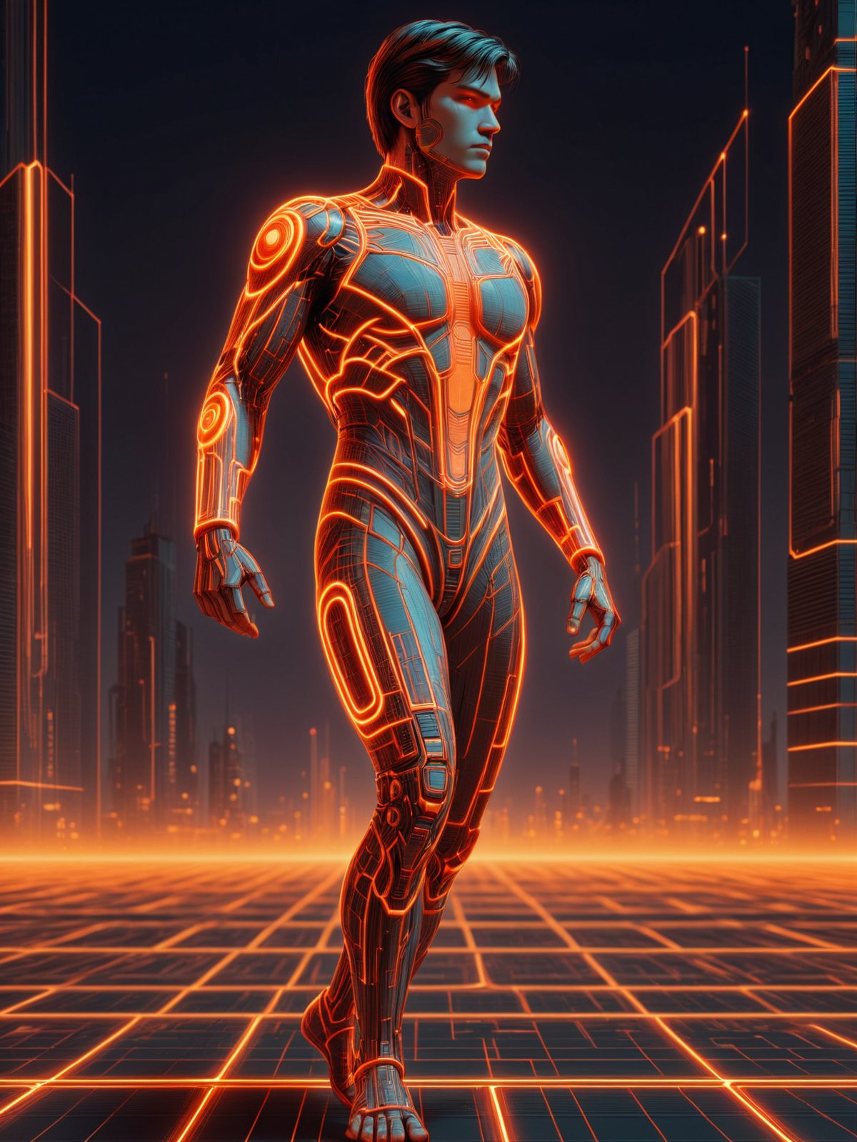 man, red glowing outlines, orange coloring, dynamic pose, grid, motion blur, cyberpunk, 1980s, retro, scifi, city<lora:Neon_Cyberpunk_SDXL_-_Cyberspace:1>, (masterpiece:1.2), best quality, (hyperdetailed, highest detailed:1.2), high resolution textures