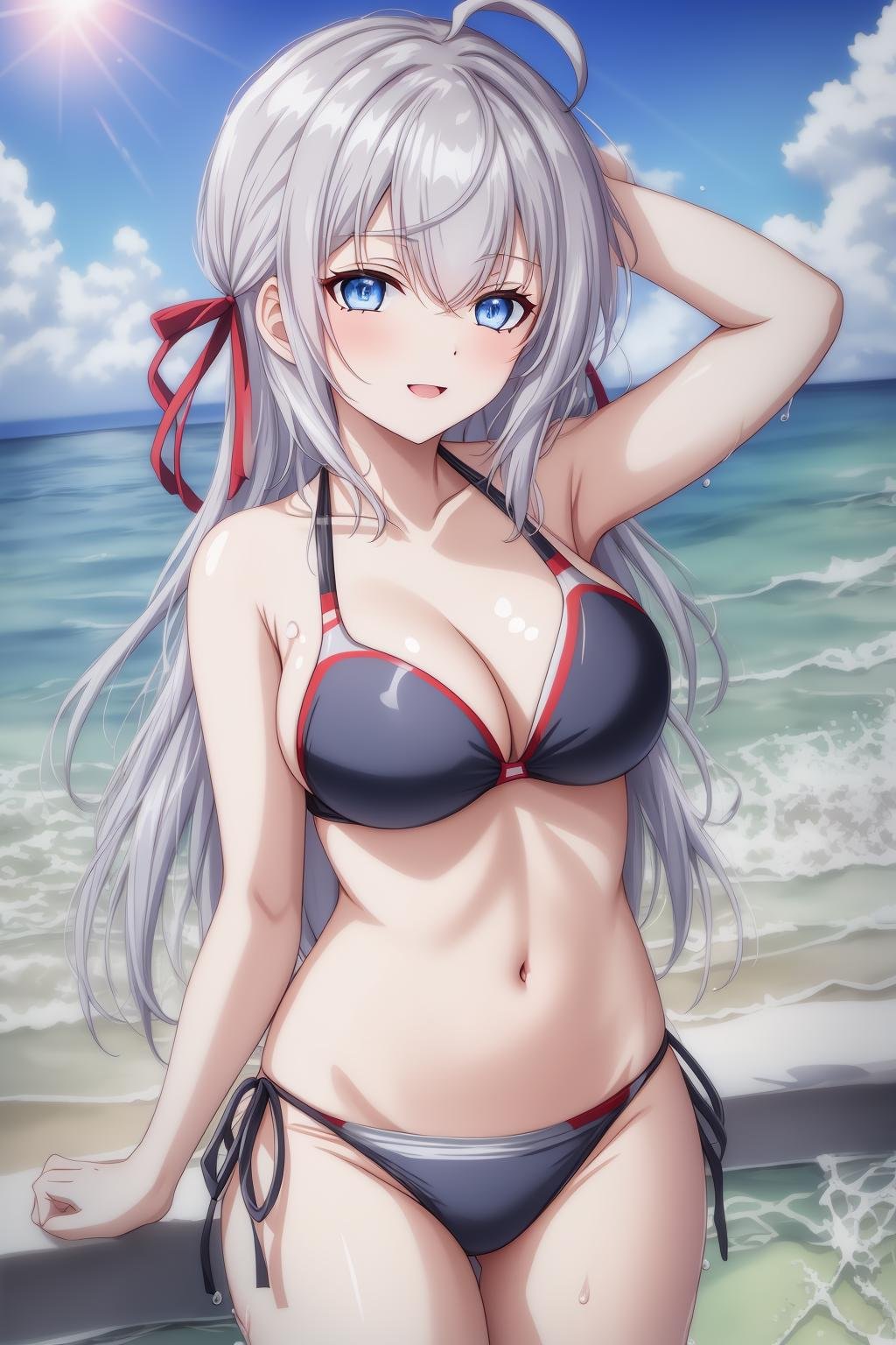 alisa,1girl,solo,long_hair,looking_at_viewer,bangs,blue_eyes,hair_between_eyes,hair_ribbon,ahoge,grey_hair,bikini,outdoor,sun,water,splashing,standing