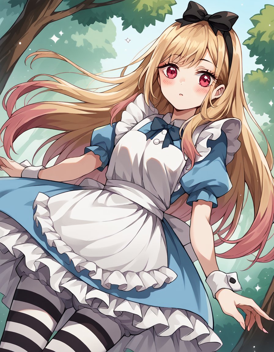 score_9, score_8_up, score_7_up, source_anime, marinkitagawa, <lora:marin-kitagawa-ponyxl-lora-nochekaiser:1>, marin kitagawa, long hair, bangs, blonde hair, red eyes, multicolored hair,, <lora:alice-cosplay-ponyxl-lora-nochekaiser:1>, alicecosplay alice \(alice in wonderland\) \(cosplay\), apron, black pantyhose, bloomers, blue dress, bow, dress, frilled apron, frilled dress, frills, puffy short sleeves, puffy sleeves, striped clothes, striped pantyhose, white apron, white bloomers, white pantyhose, wrist cuffs,, landscape, forest, blush,, cowboy shot, dutch angle, solo,