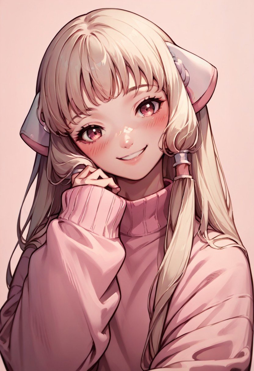 score_9,score_8_up,score_7_up,source_anime, Chii (Chobits),1girl,solo,looking at viewer,blush,smile,long sleeves,upper body,sweater,sleeves past wrists,head tilt,pink background,pink sweater,